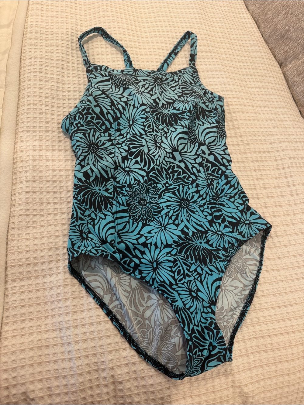 LL Bean Blue Floral One-Piece Swimsuit. Size 14